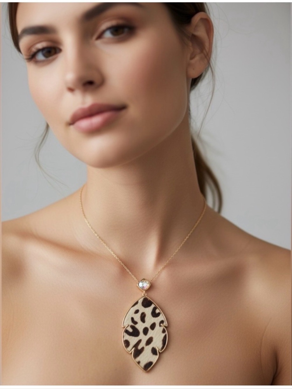 Gold Leaf Pendant Necklace with Leopard Print Accent